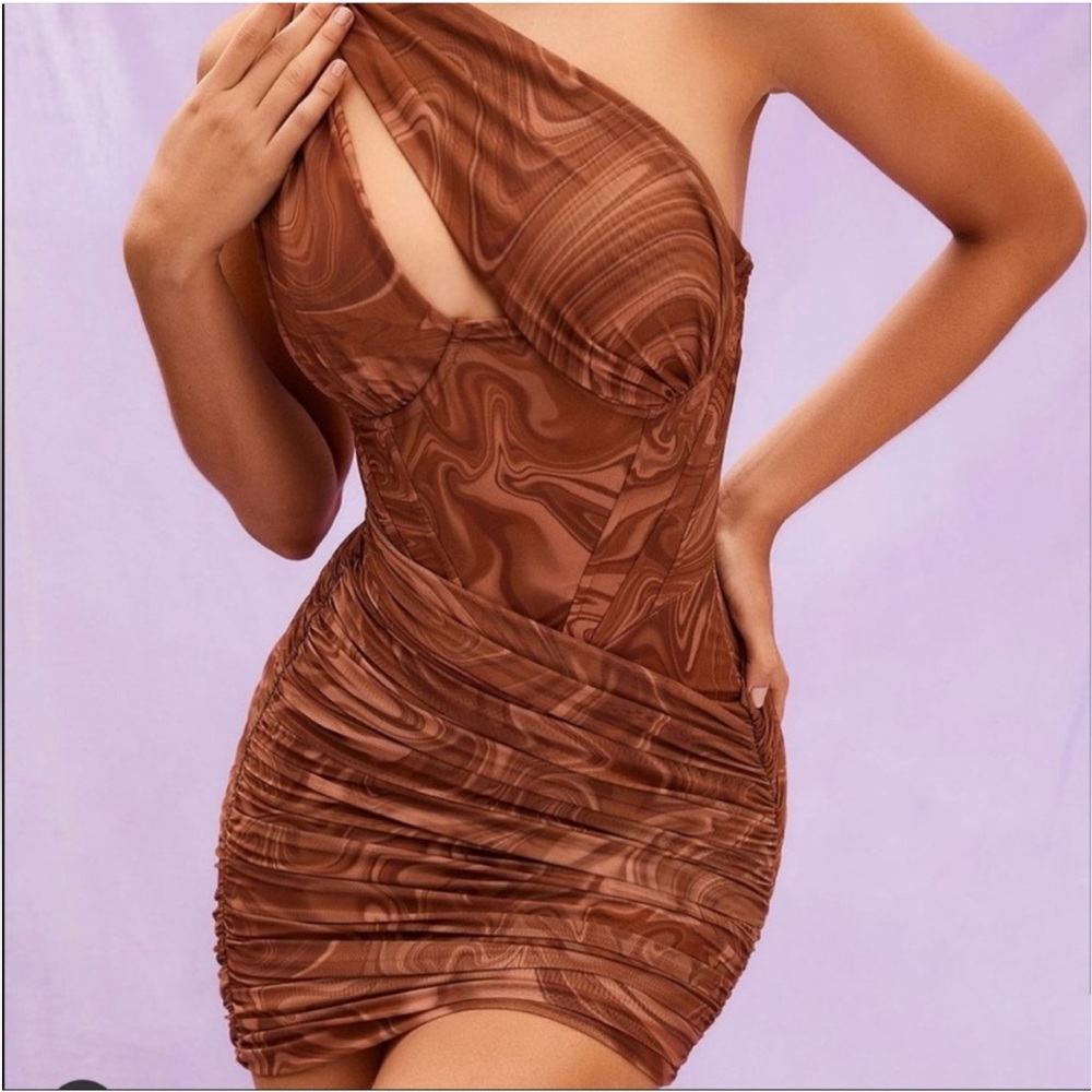 House of CB Clementine mini one shoulder swirl brown dress